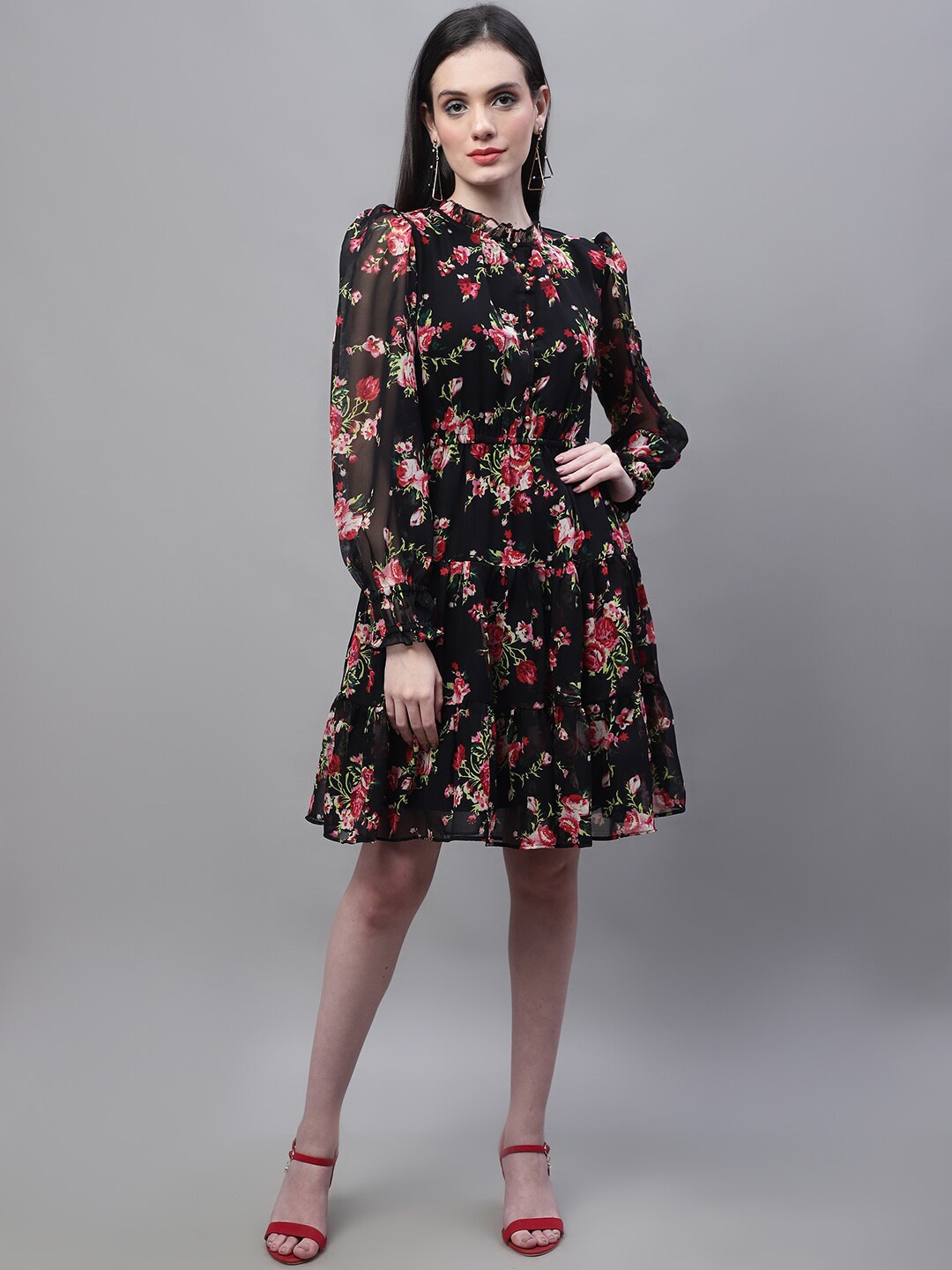 

MARC LOUIS Floral Printed Cuffed Sleeves Tiered Fit & Flare Dress, Black