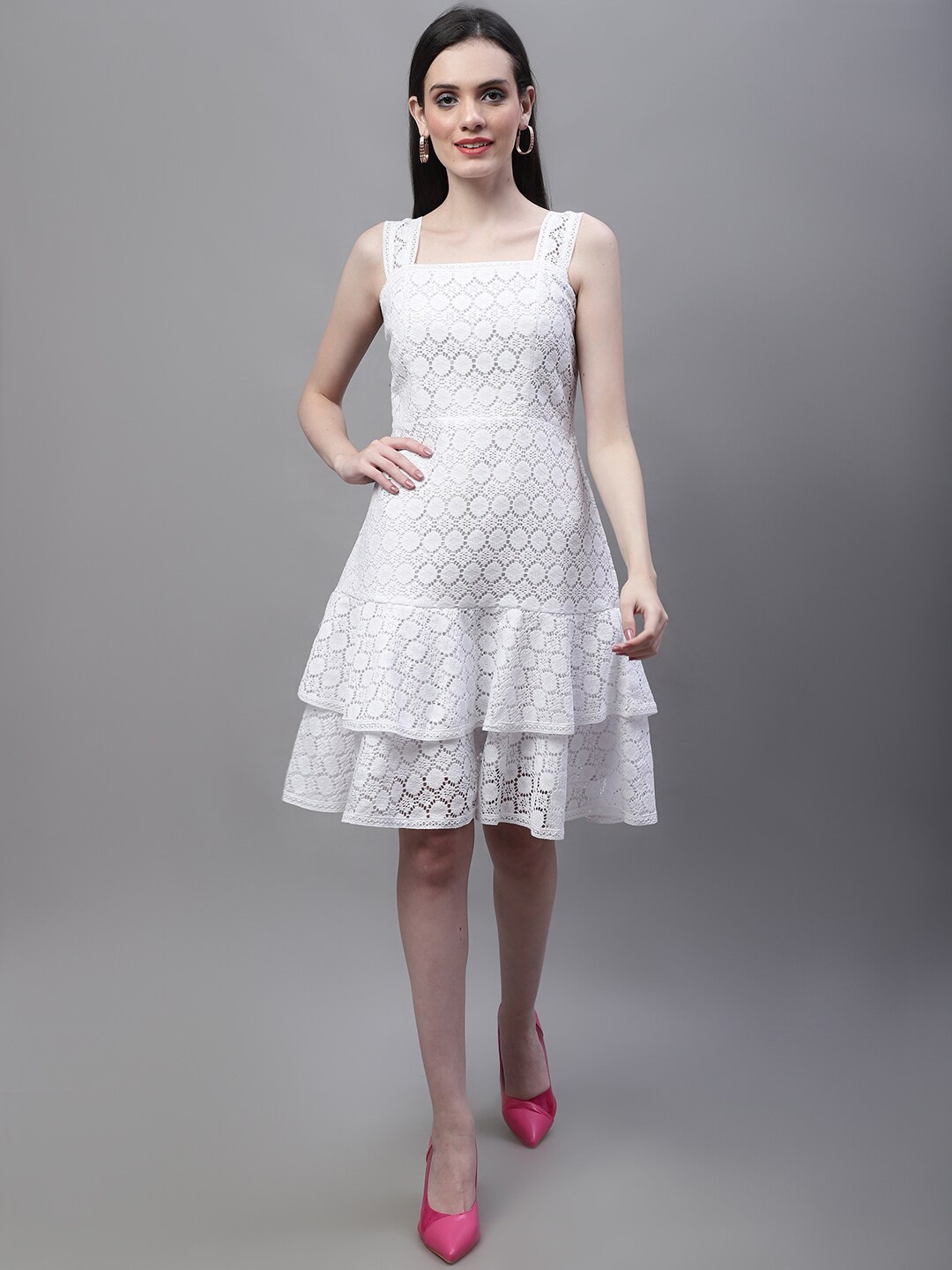 

MARC LOUIS Self Design Layered Net Fit & Flare Dress, White