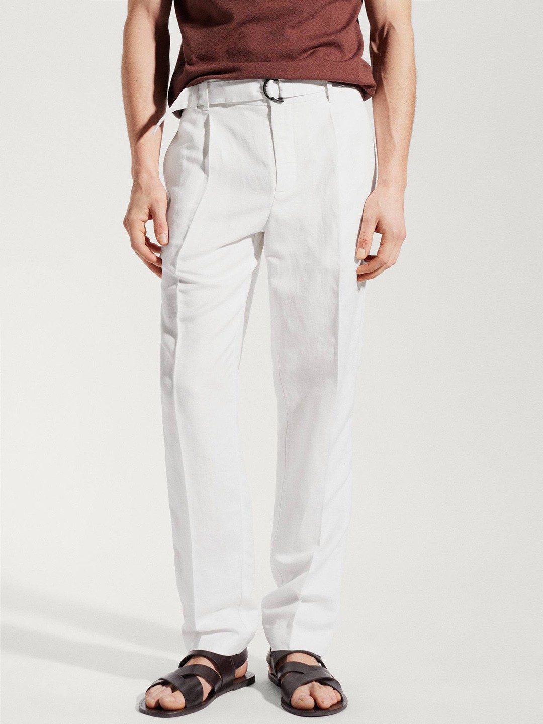 

MANGO MAN Slim Fit Pleated Detail Regular Trousers With Belt, White
