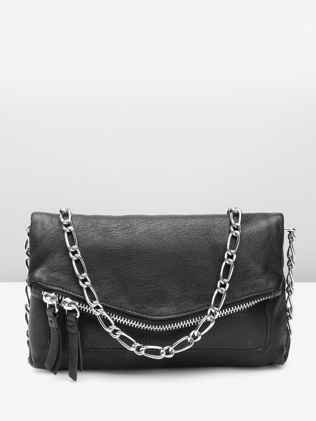 

MANGO Women Leather Structured Sling Bag, Black