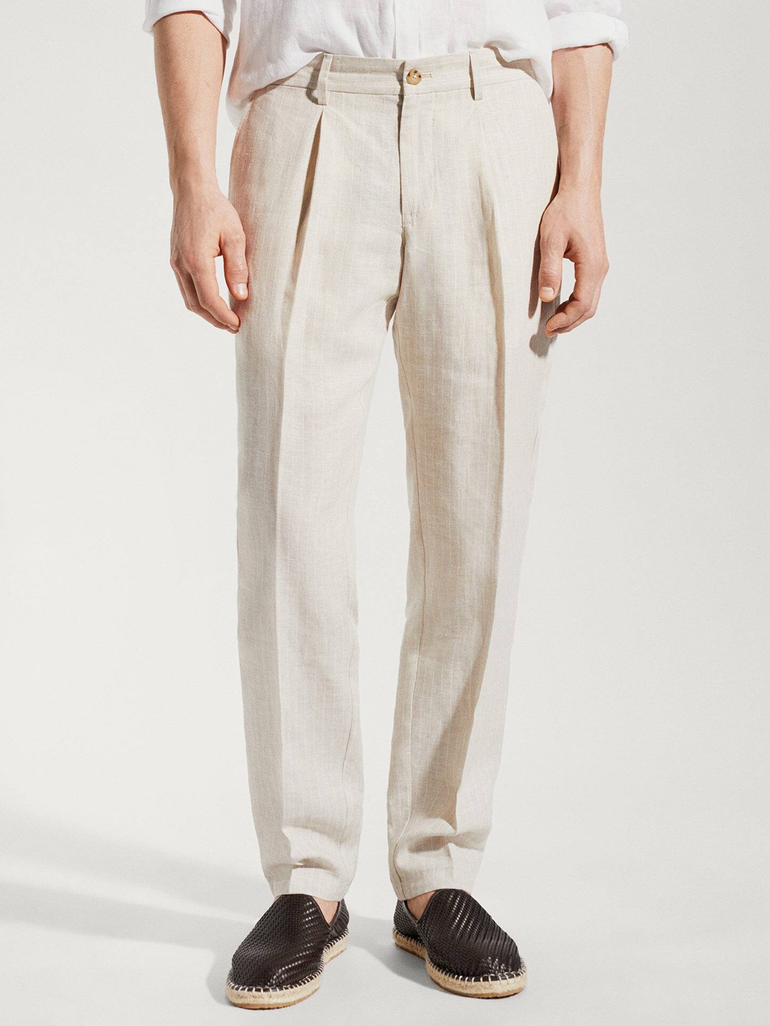 

MANGO MAN Striped Straight Fit High-Rise Pleated Sustainable Linen Cotton Trousers, Beige