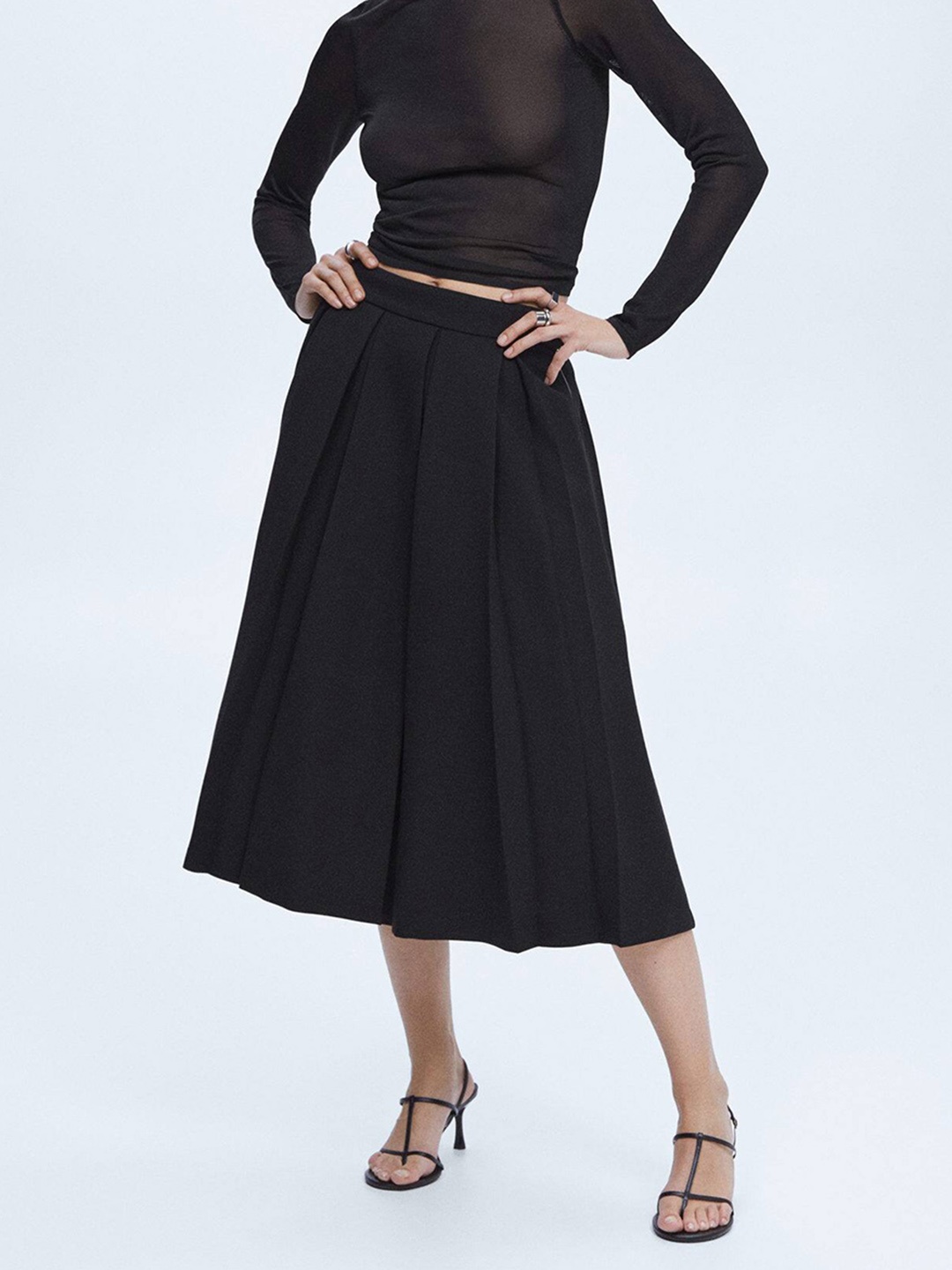 

MANGO x Selection Pleated Midi Flared Skirt, Black