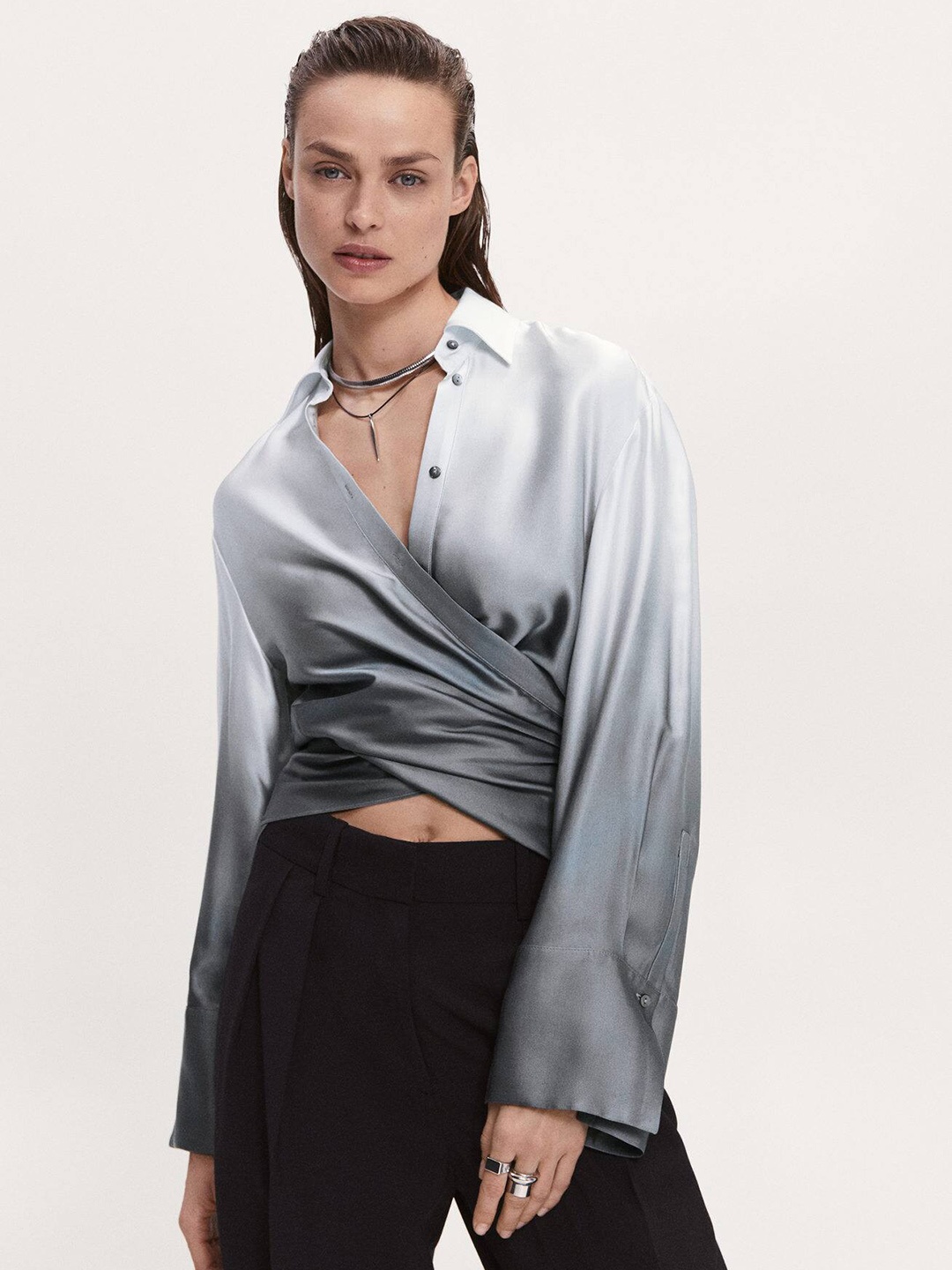 

MANGO Ombre Shirt Style Wrap Top, Grey
