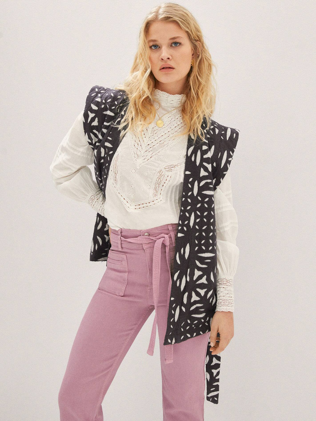 

MANGO Women Pure Cotton Floral Longline Tailored Jacket with a Belt, Charcoal