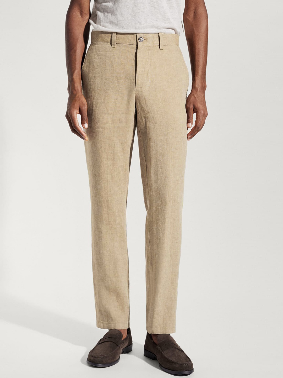 

MANGO MAN Slim Fit High-Rise Sustainable Linen Trousers, Beige