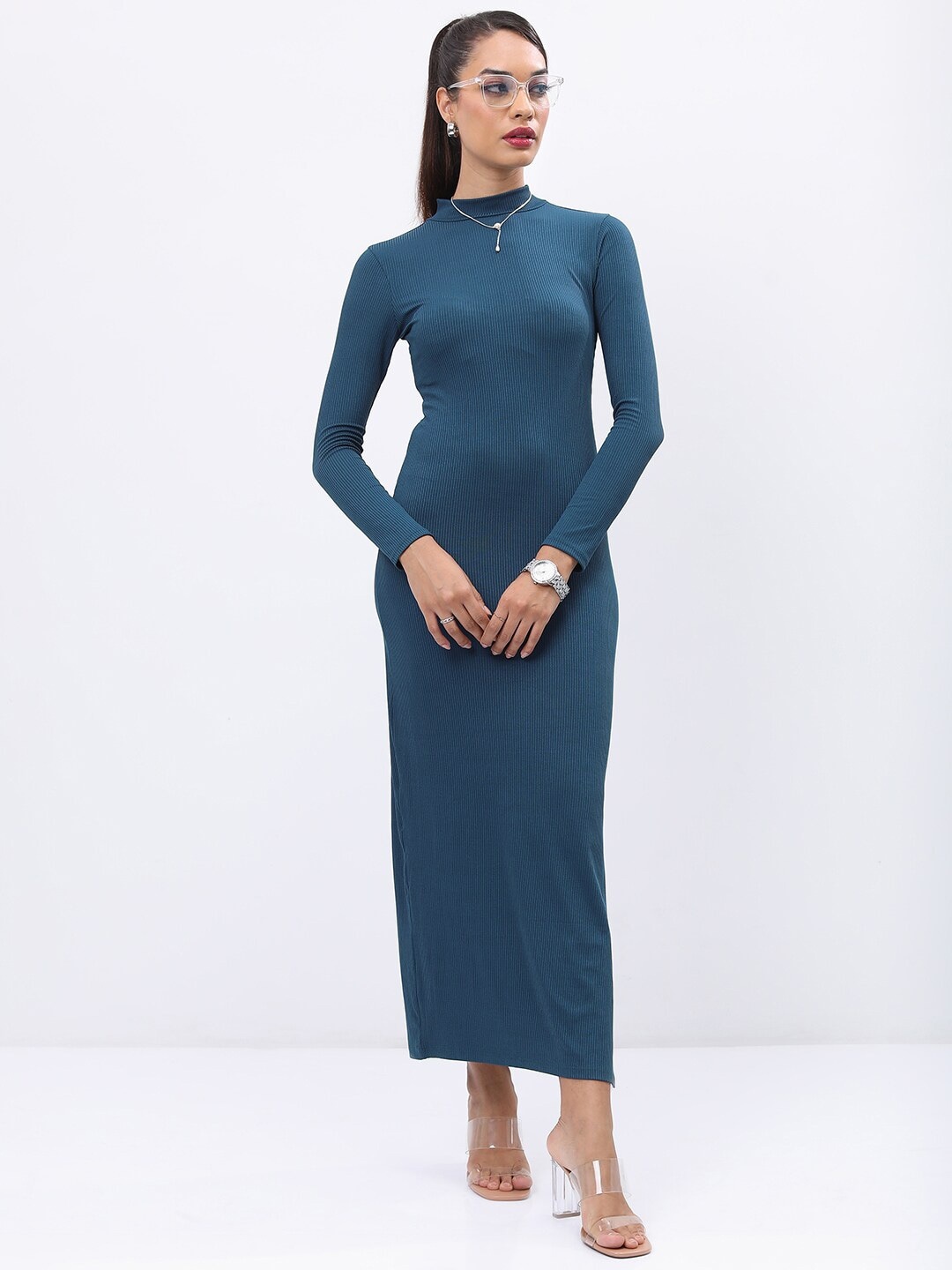 Tokyo Talkies High Neck Bodycon Dress, Teal