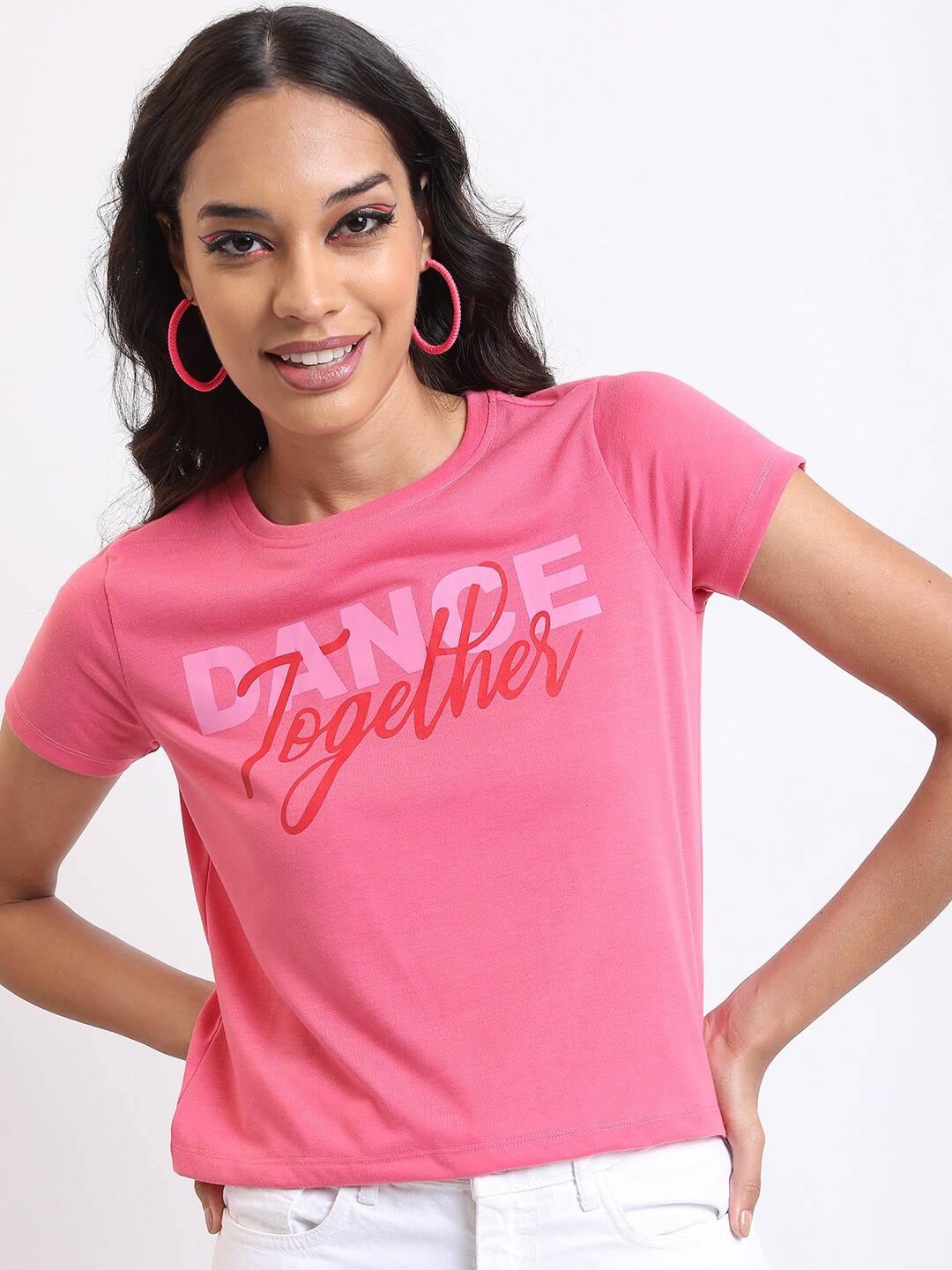 

Tokyo Talkies Pink Typography Printed Casual T-Shirt