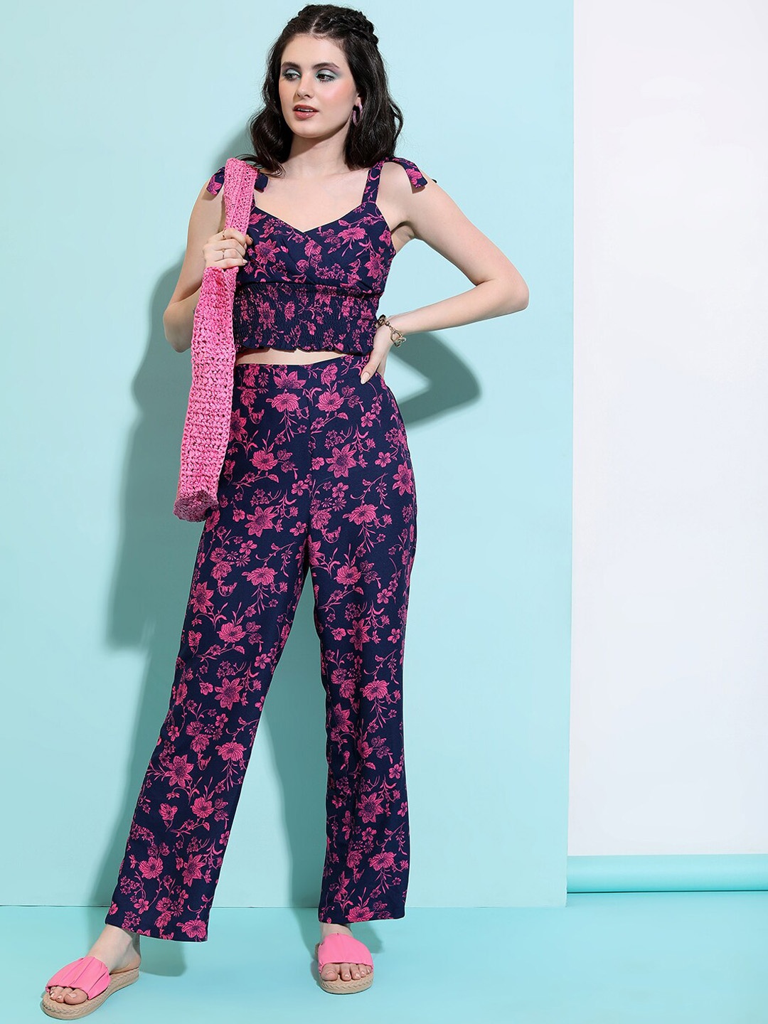 

Tokyo Talkies Floral Printed Shoulder Straps Crop Top with Trousers, Navy blue