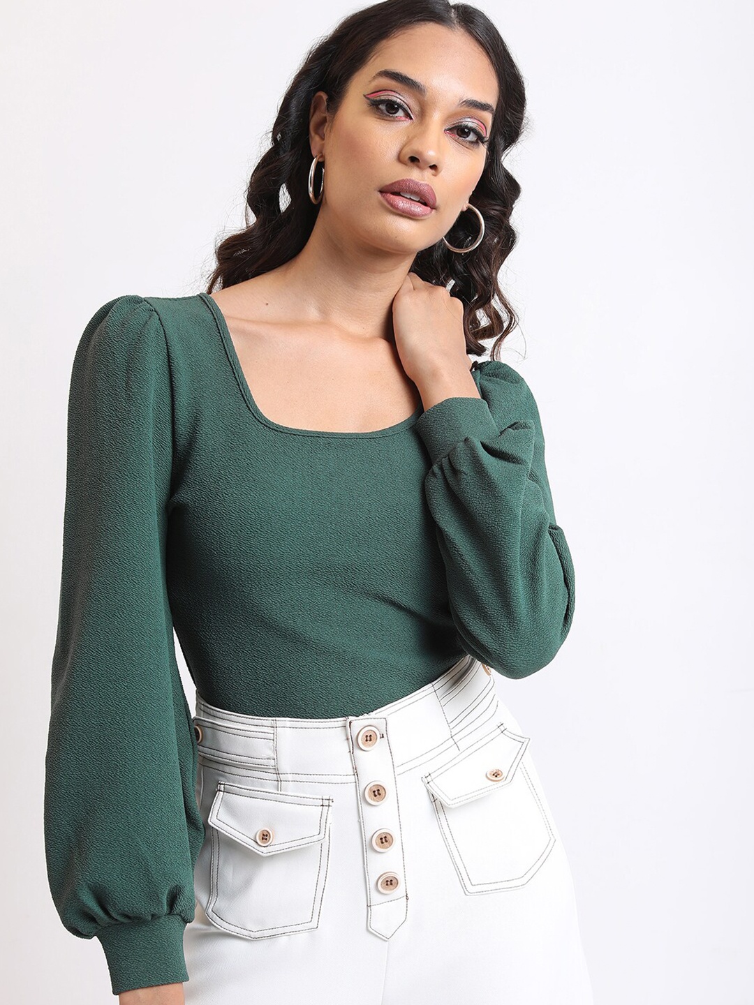 

Tokyo Talkies Green Puff Sleeve Cuff Sleeves Square Neck Top