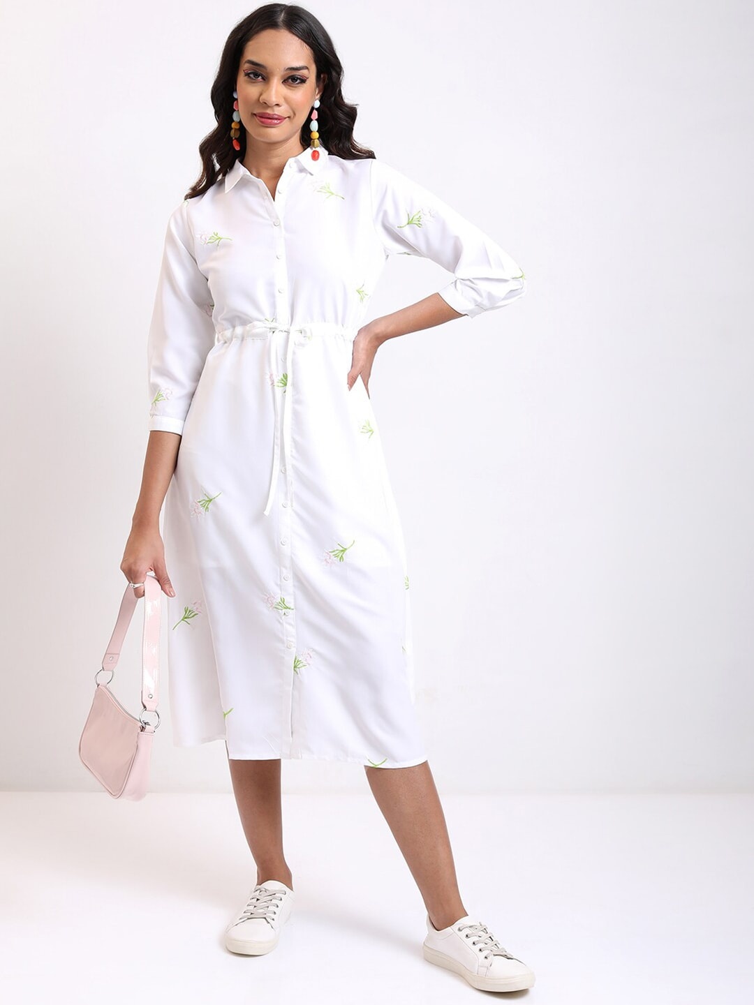 

Tokyo Talkies Floral Embroidered Tie Up Shirt Midi Dress, White