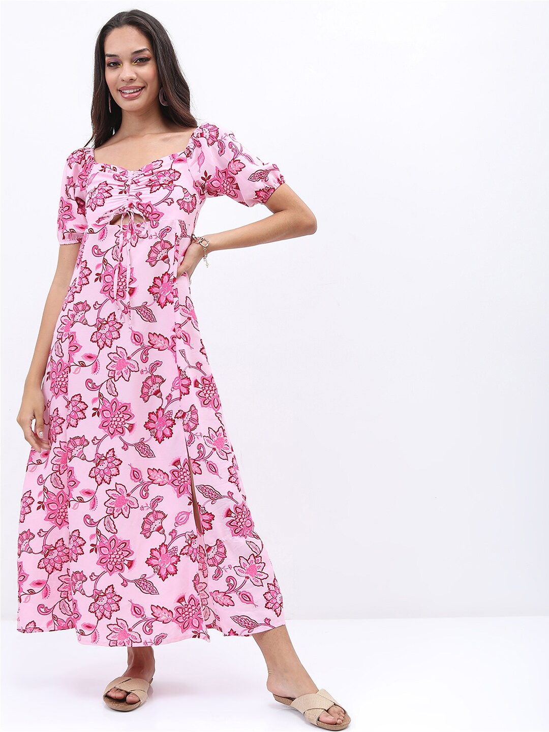 

Tokyo Talkies Floral Printed Ruched Tie Up Maxi Dress, Pink