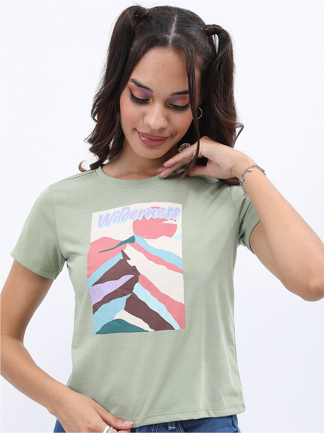 

Tokyo Talkies Olive Green Graphic Printed Round Neck Short Sleeves T-shirt