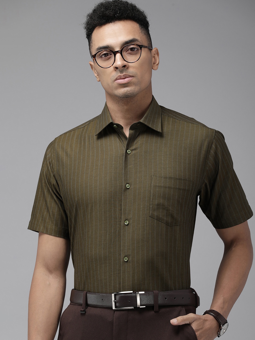 

Van Heusen Men Olive Green Custom Opaque Striped Formal Shirt