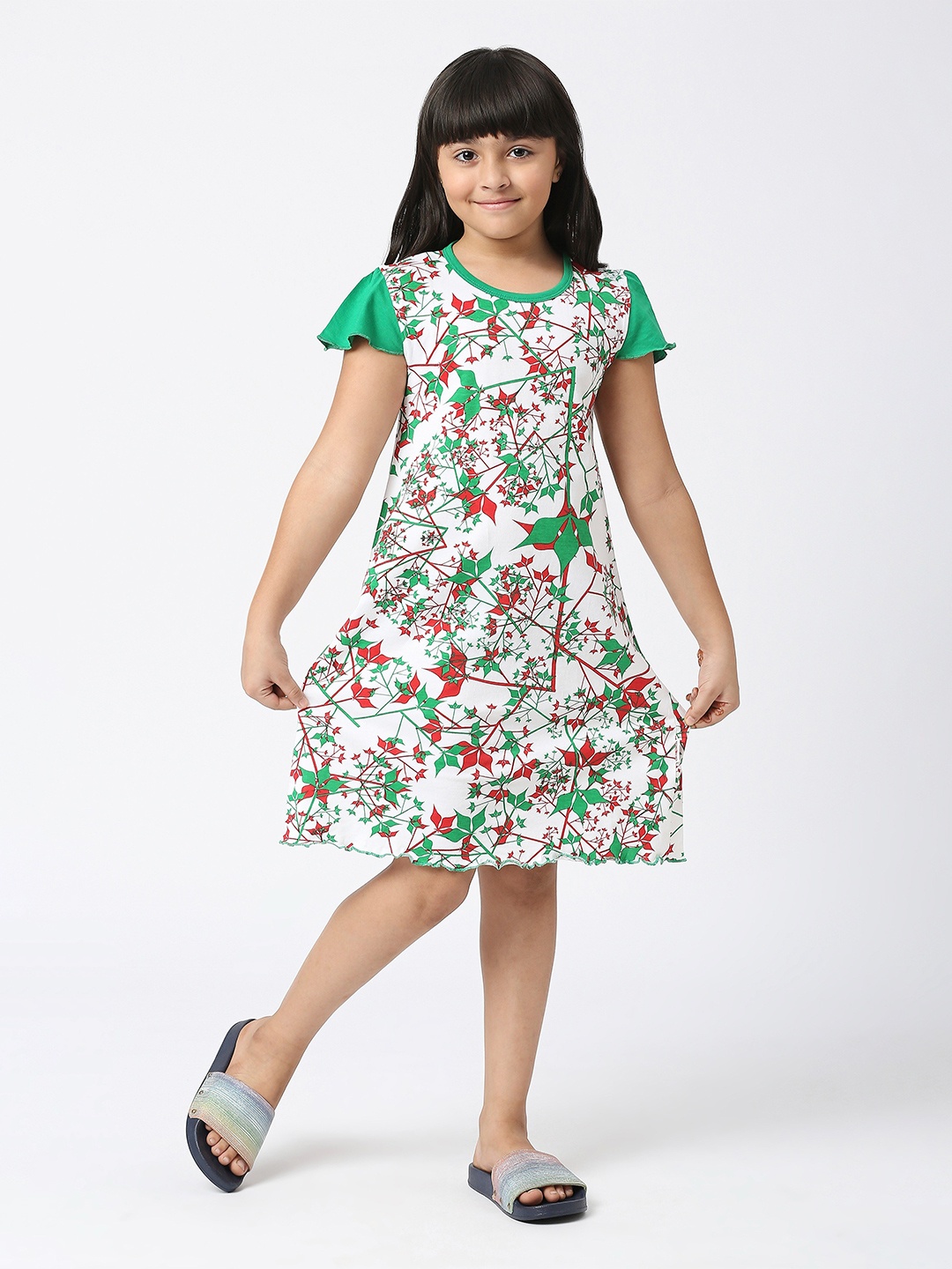 

SINI MINI Girls Floral Printed Pure Cotton Nightdress, White