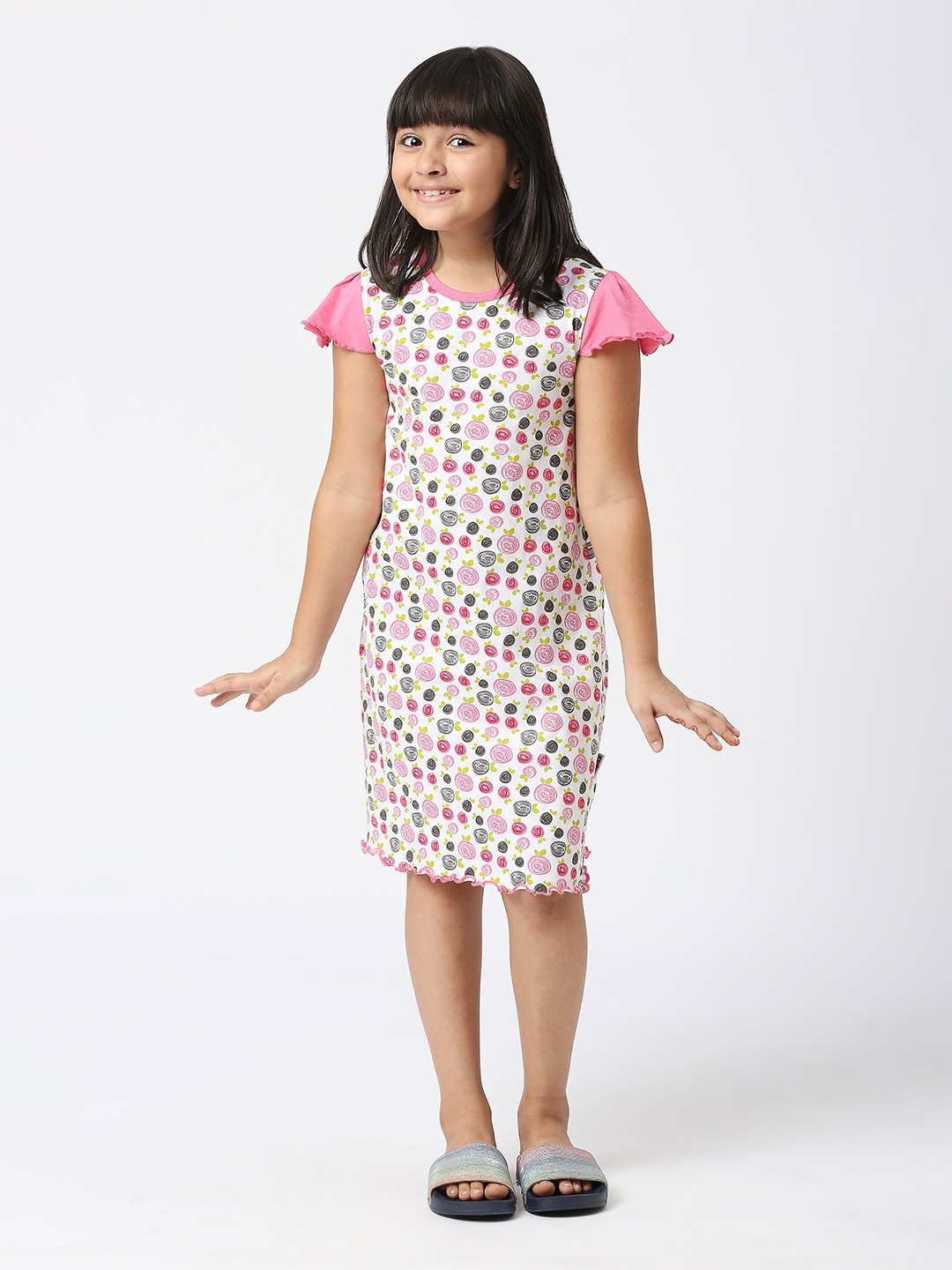 

SINI MINI Girls Floral Printed Pure Cotton Nightdress, White