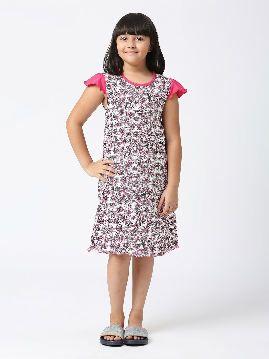 

SINI MINI Girls Floral Printed Pure Cotton Nightdress, Rose