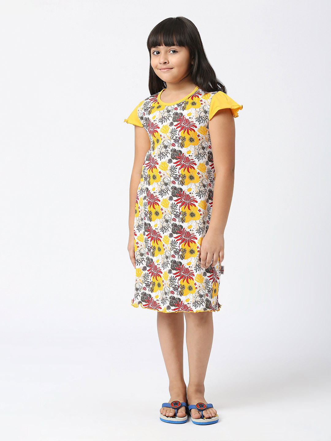 

SINI MINI Girls Floral Printed Pure Cotton Nightdress, Yellow