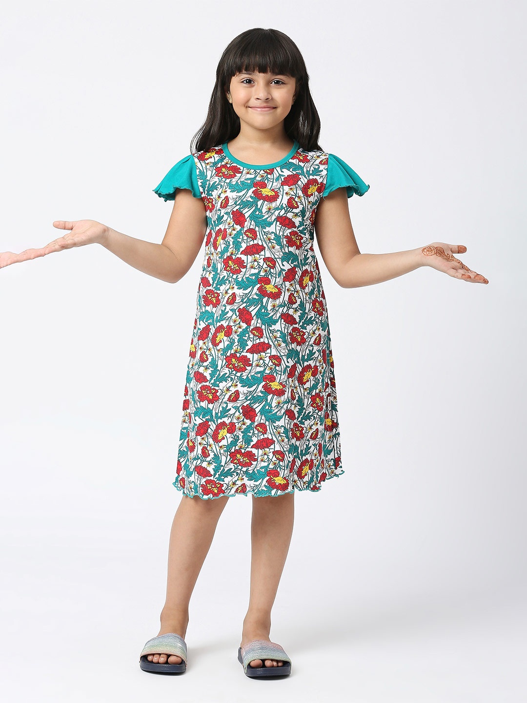 

SINI MINI Girls Floral Printed Pure Cotton Nightdress, Green