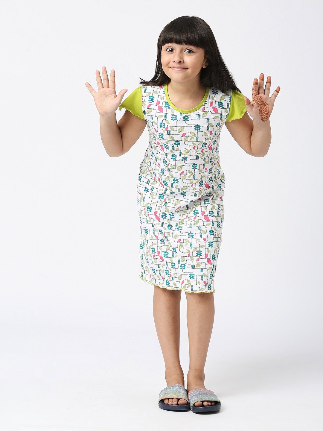 

SINI MINI Girls Tropical Printed Pure Cotton Nightdress, Green