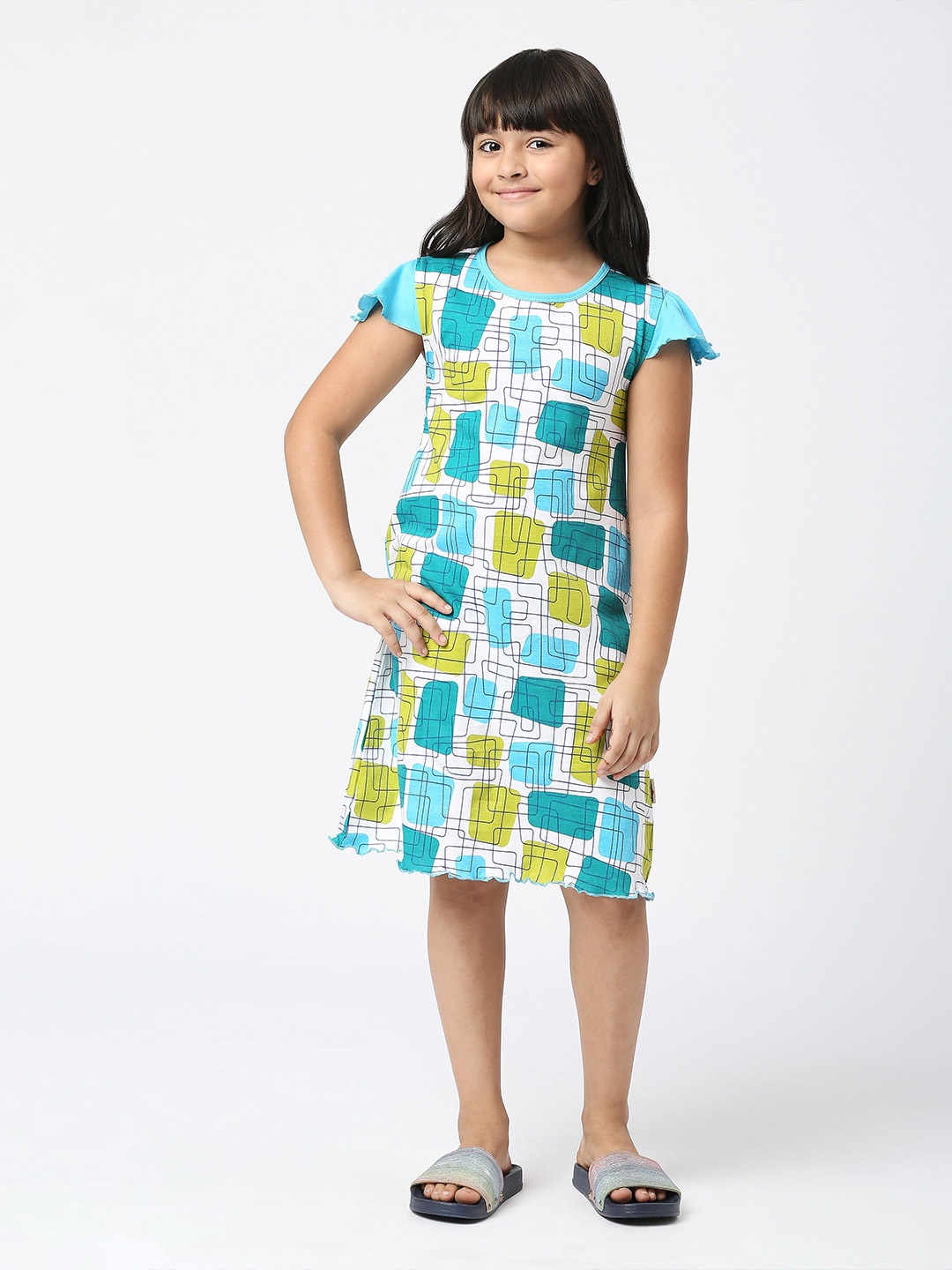

SINI MINI Girls Abstract Printed Pure Cotton Nightdress, Blue