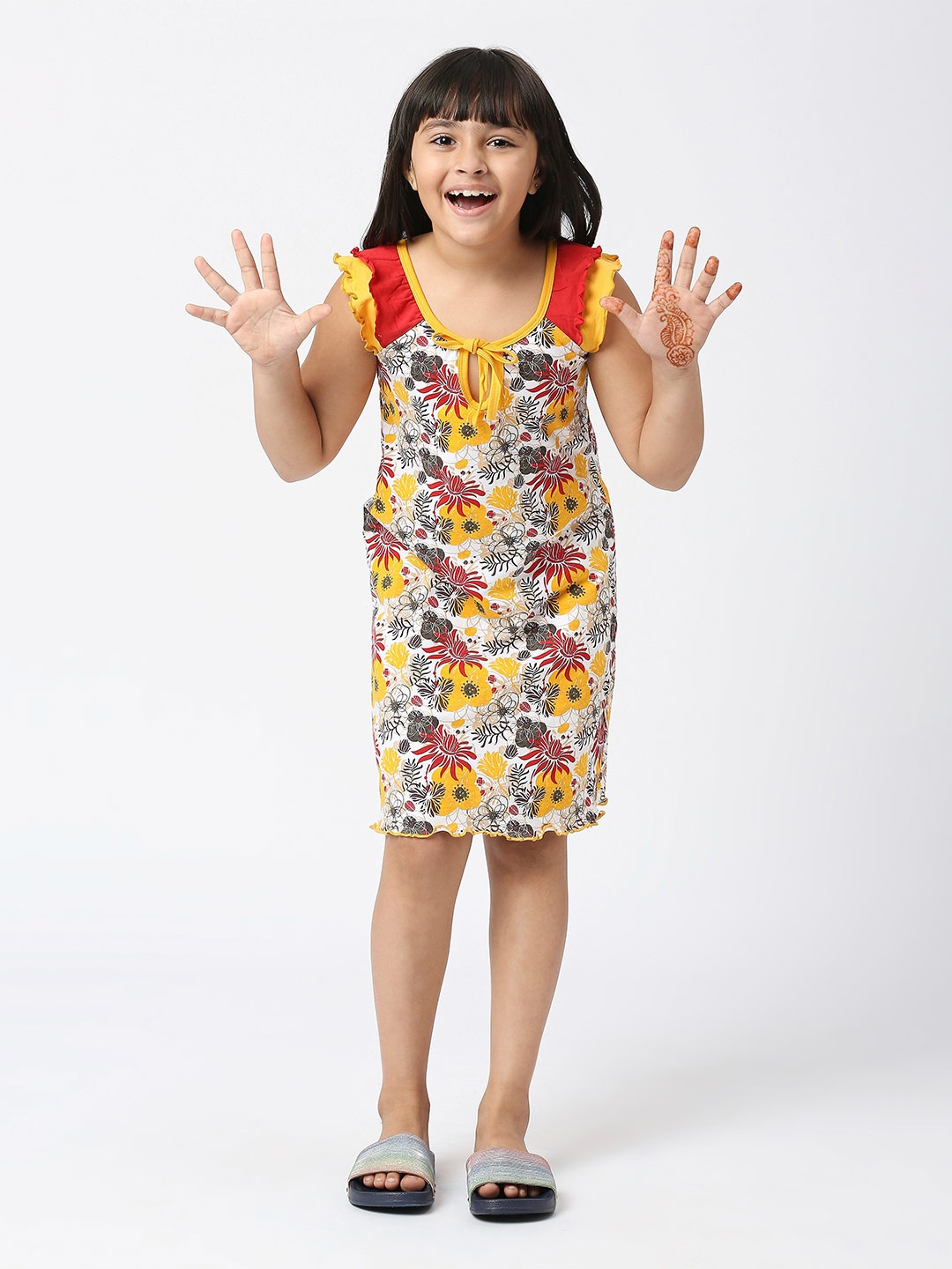 

SINI MINI Girls Floral Printed Pure Cotton Nightdress, White