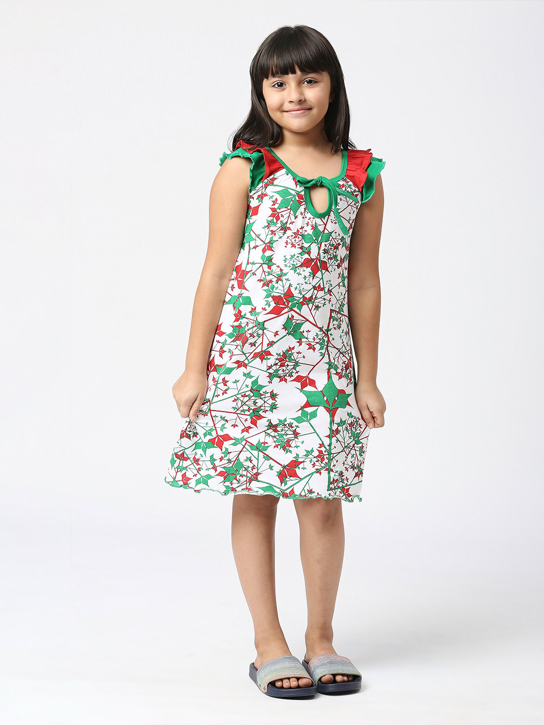 

SINI MINI Girls Floral Printed Pure Cotton Nightdress, Green