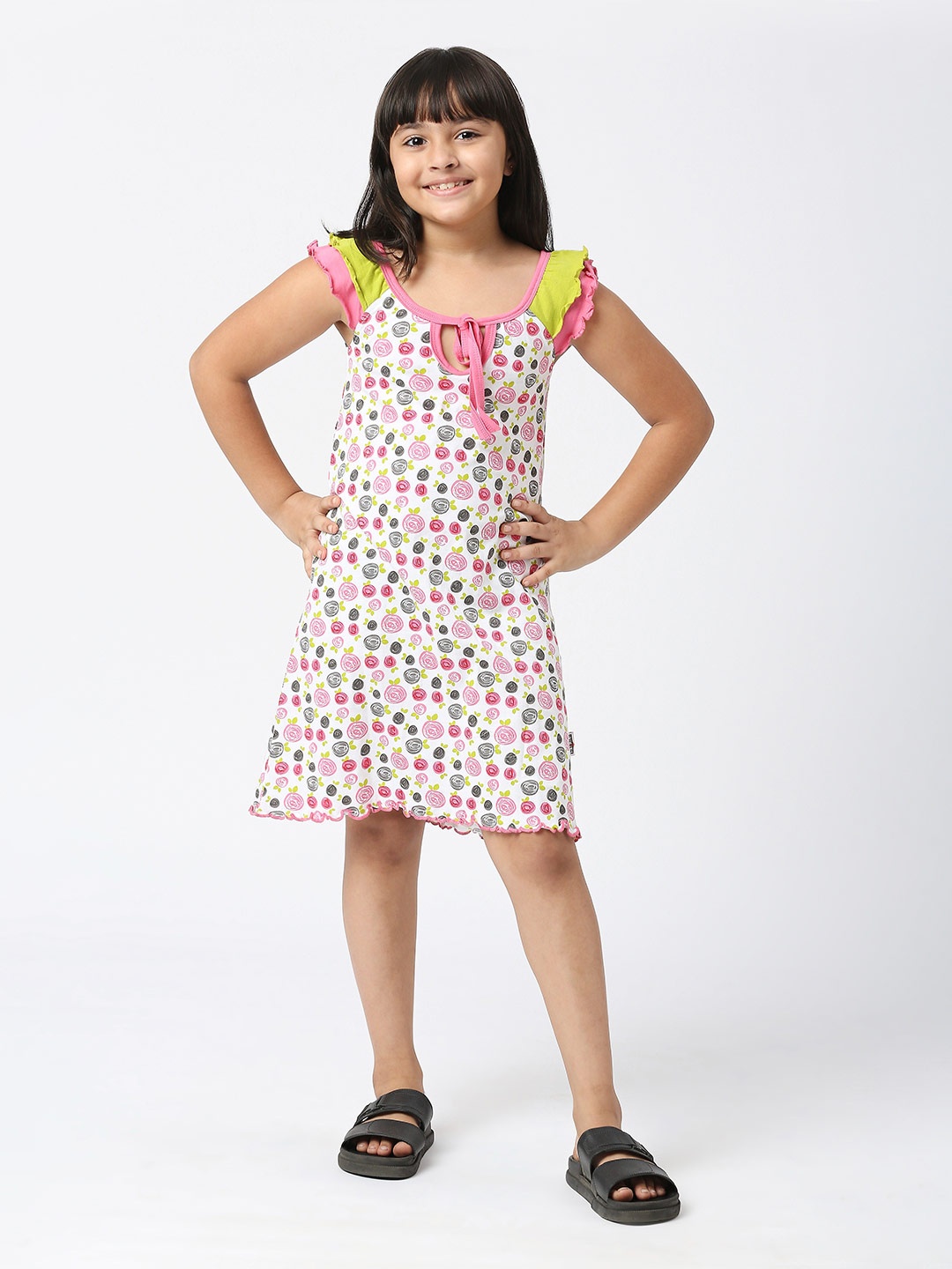 

SINI MINI Girls Floral Printed Pure Cotton Nightdress, White
