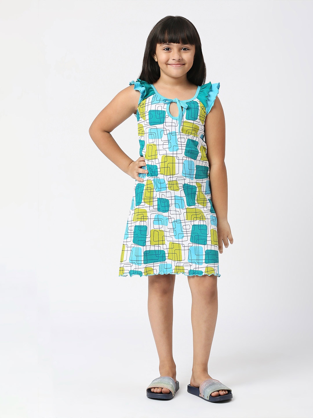

SINI MINI Girls Abstract Printed Pure Cotton Nightdress, Blue