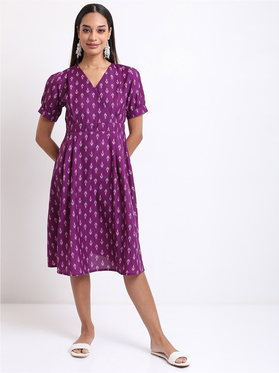 

KETCH Ethnic Motifs Printed Gathered A-Line Midi Dress, Purple