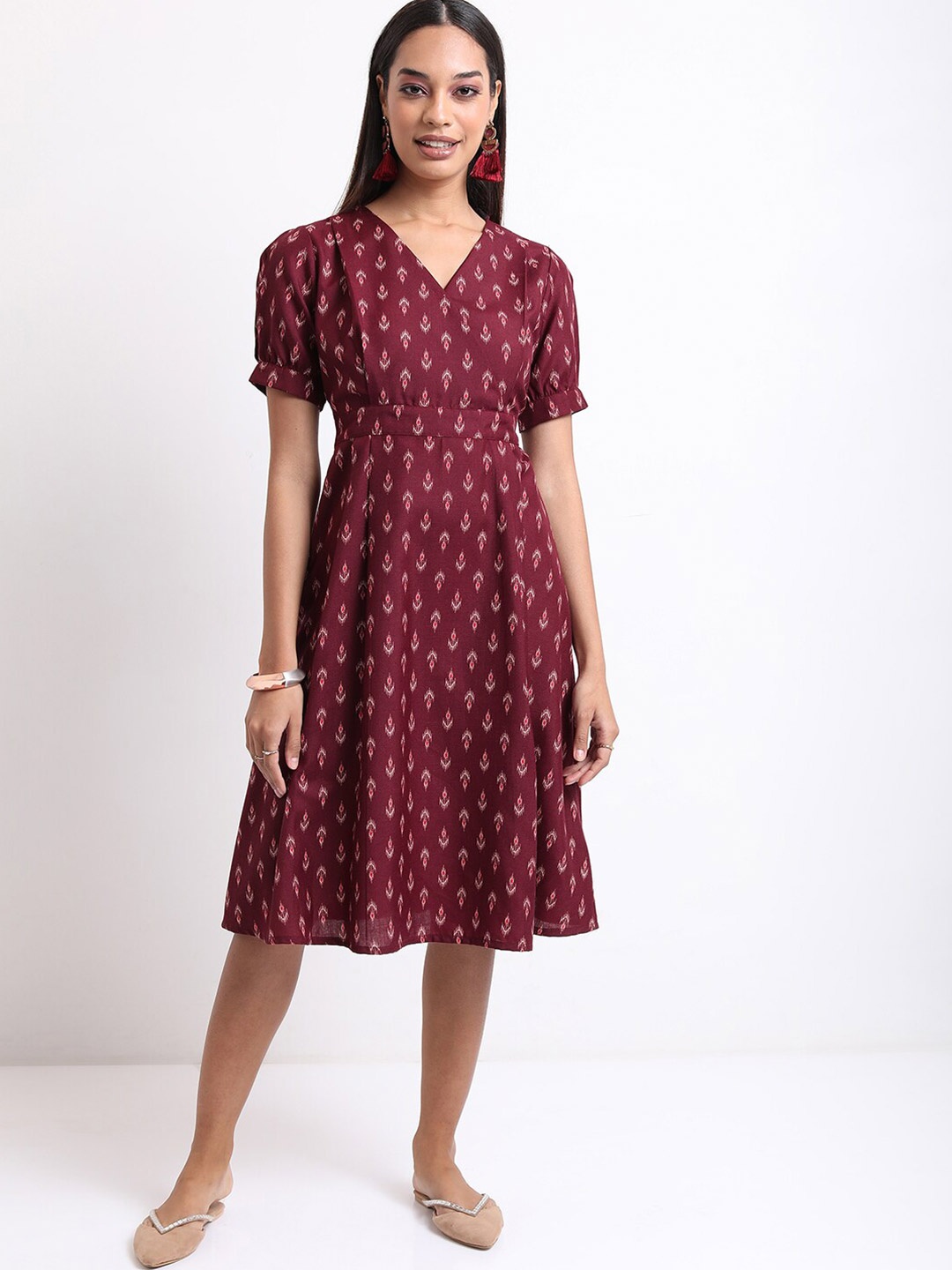 

KETCH Ethnic Motifs Printed Gathered A-Line Midi Dress, Burgundy