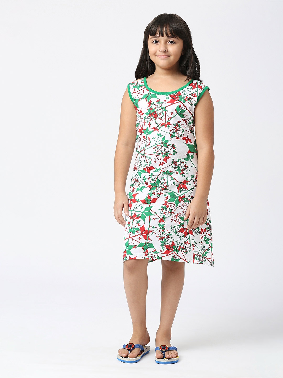 

SINI MINI Girls Floral Printed Pure Cotton Nightdress, Green