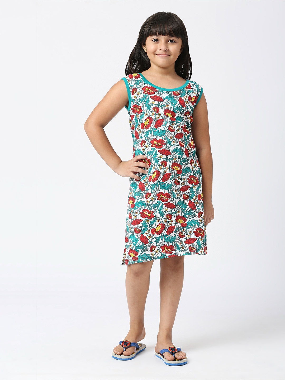 

SINI MINI Girls Floral Printed Pure Cotton Nightdress, Sea green