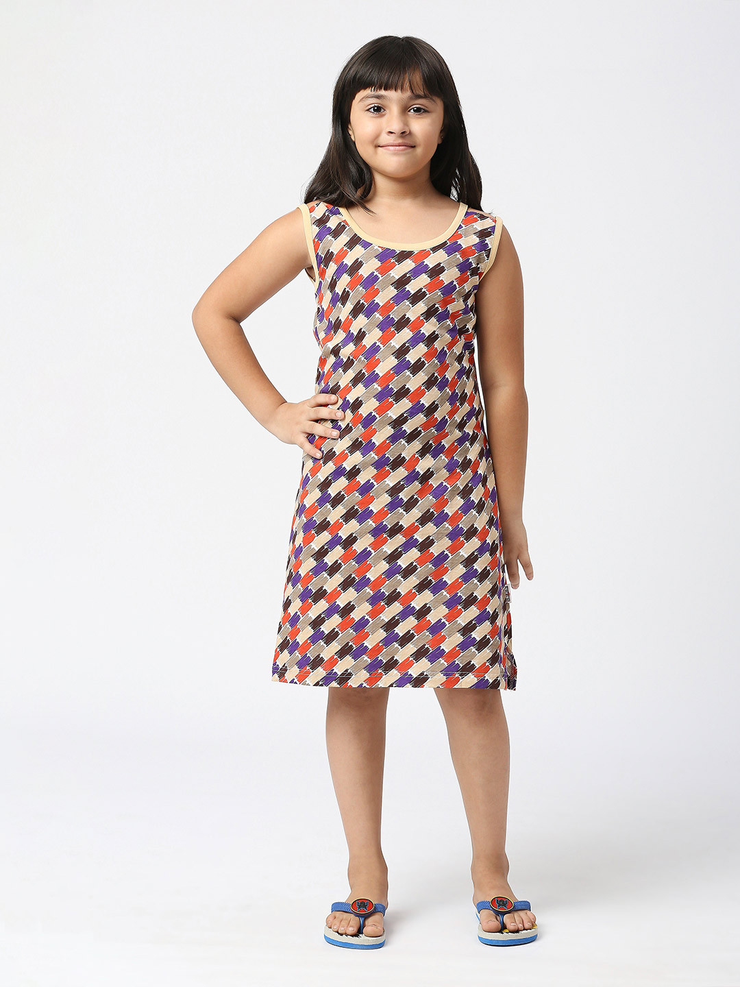 

SINI MINI Girls Abstract Printed Pure Cotton Nightdress, Beige