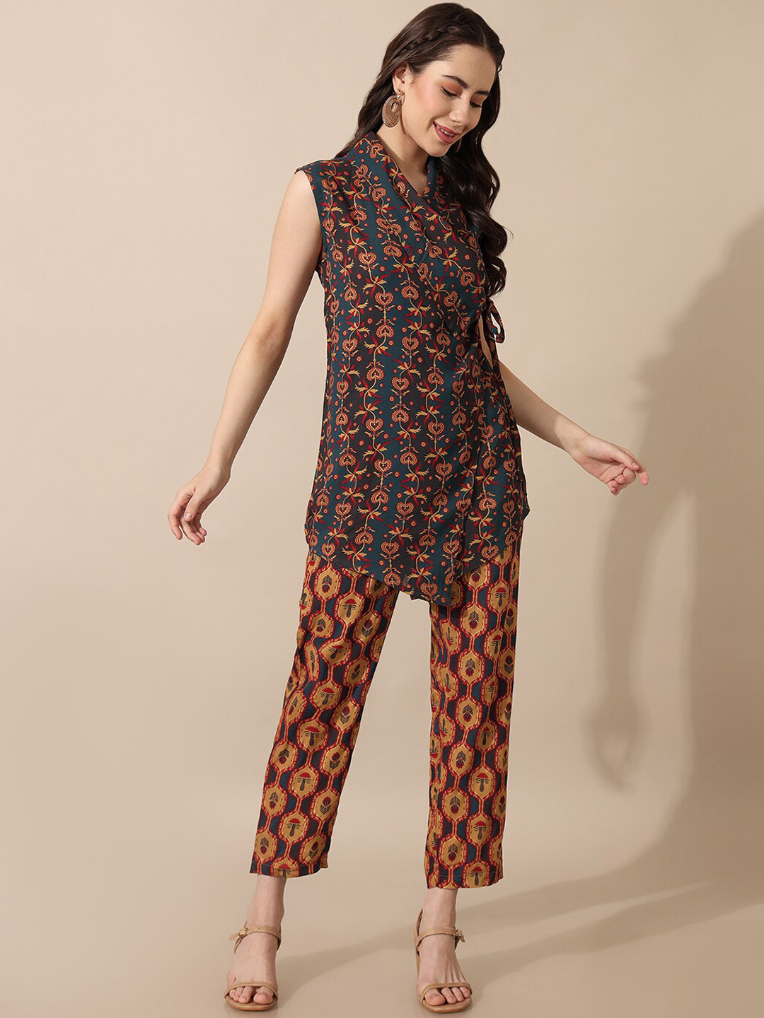 

Saaki Asymmetric Ethnic Motifs Printed Top with Trousers, Teal