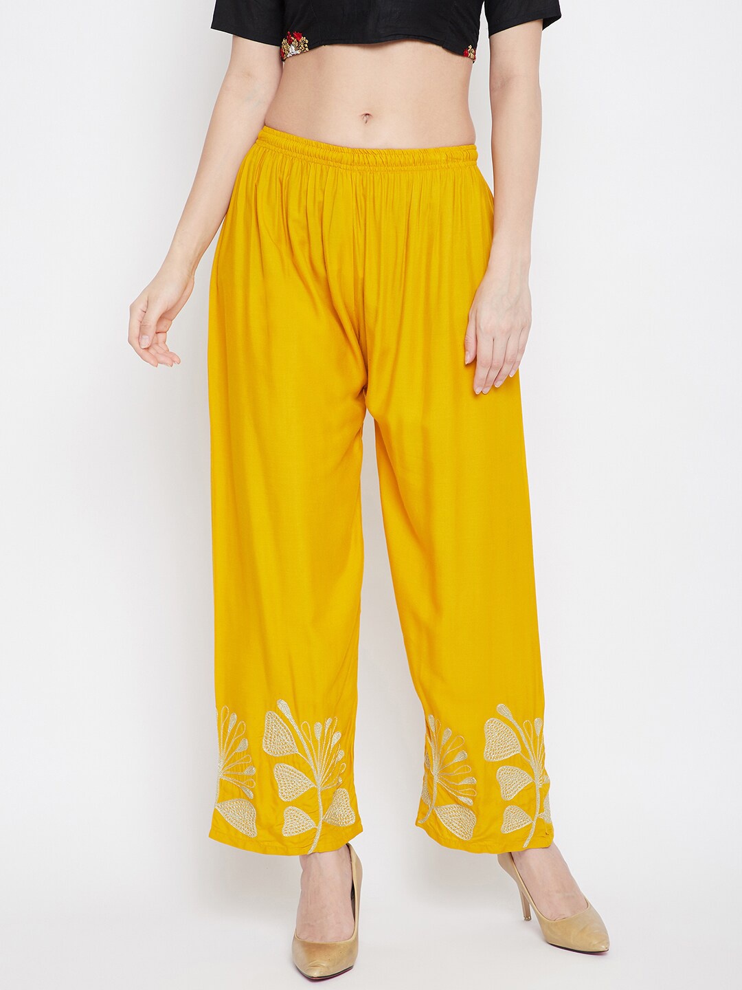 

Clora Creation Women Floral Embroidered Straight Palazzos, Mustard