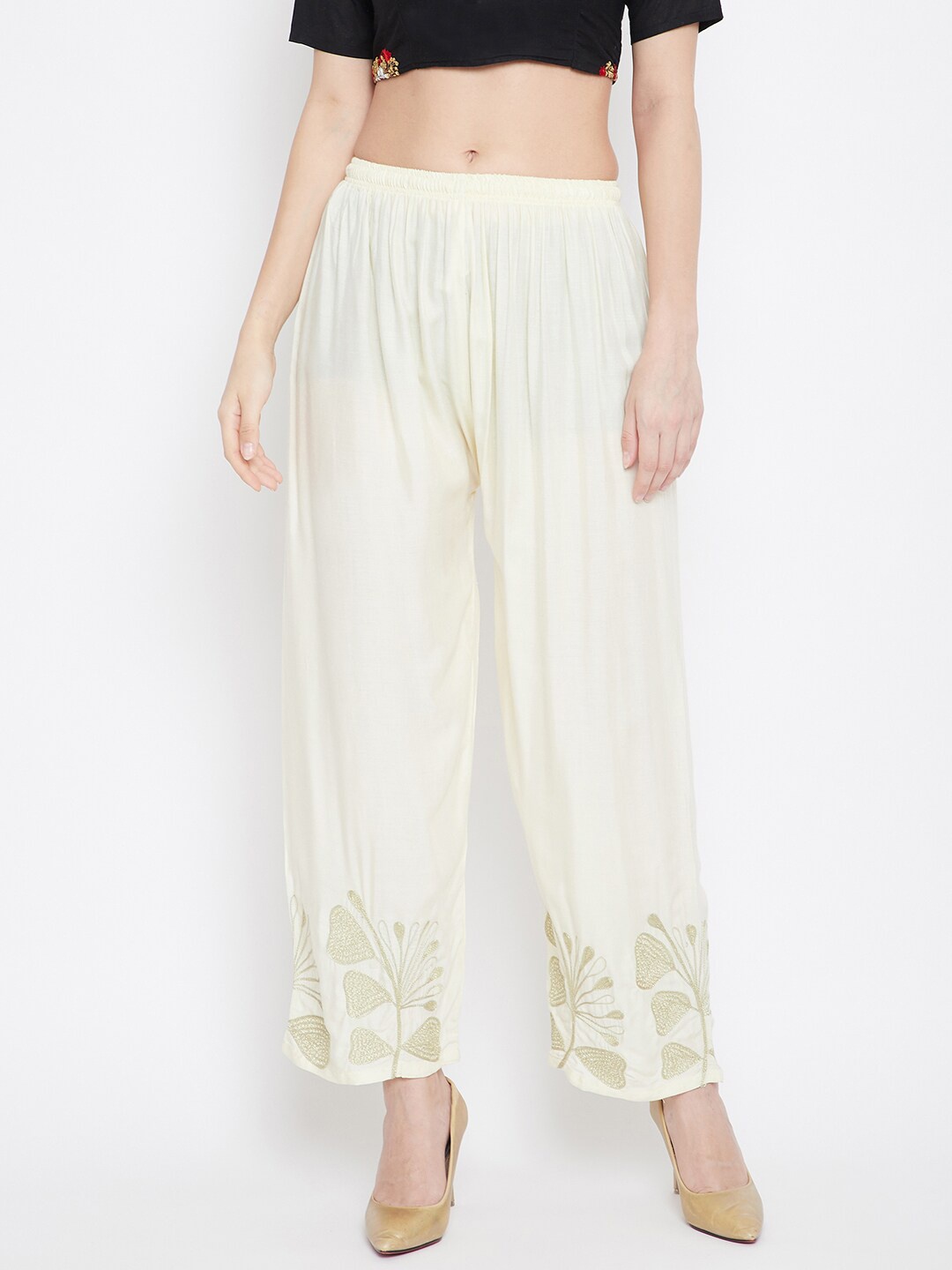 

Clora Creation Women Floral Embroidered Straight Palazzos, Cream