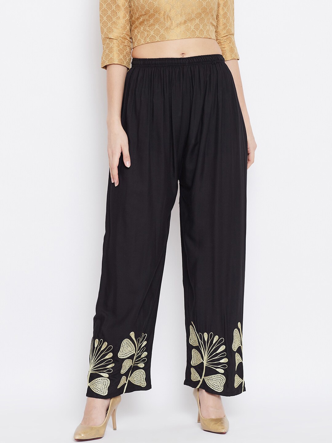 

Clora Creation Women Floral Embroidered Straight Palazzos, Black