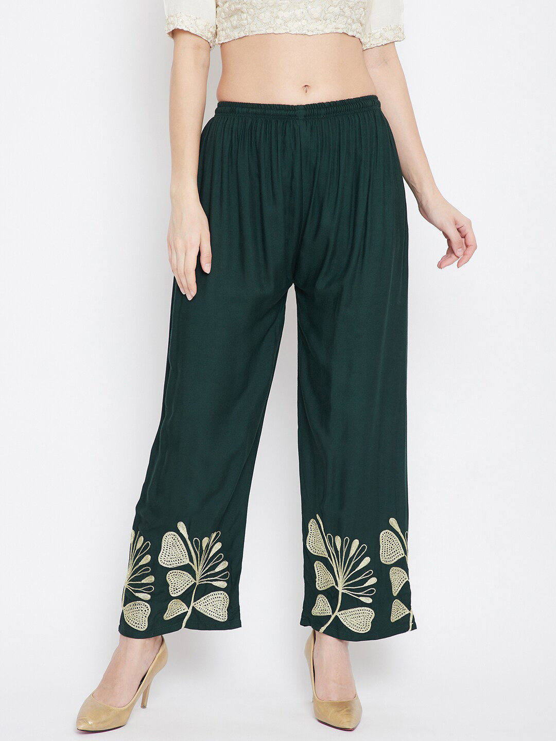 

Clora Creation Women Floral Embroidered Straight Palazzos, Green