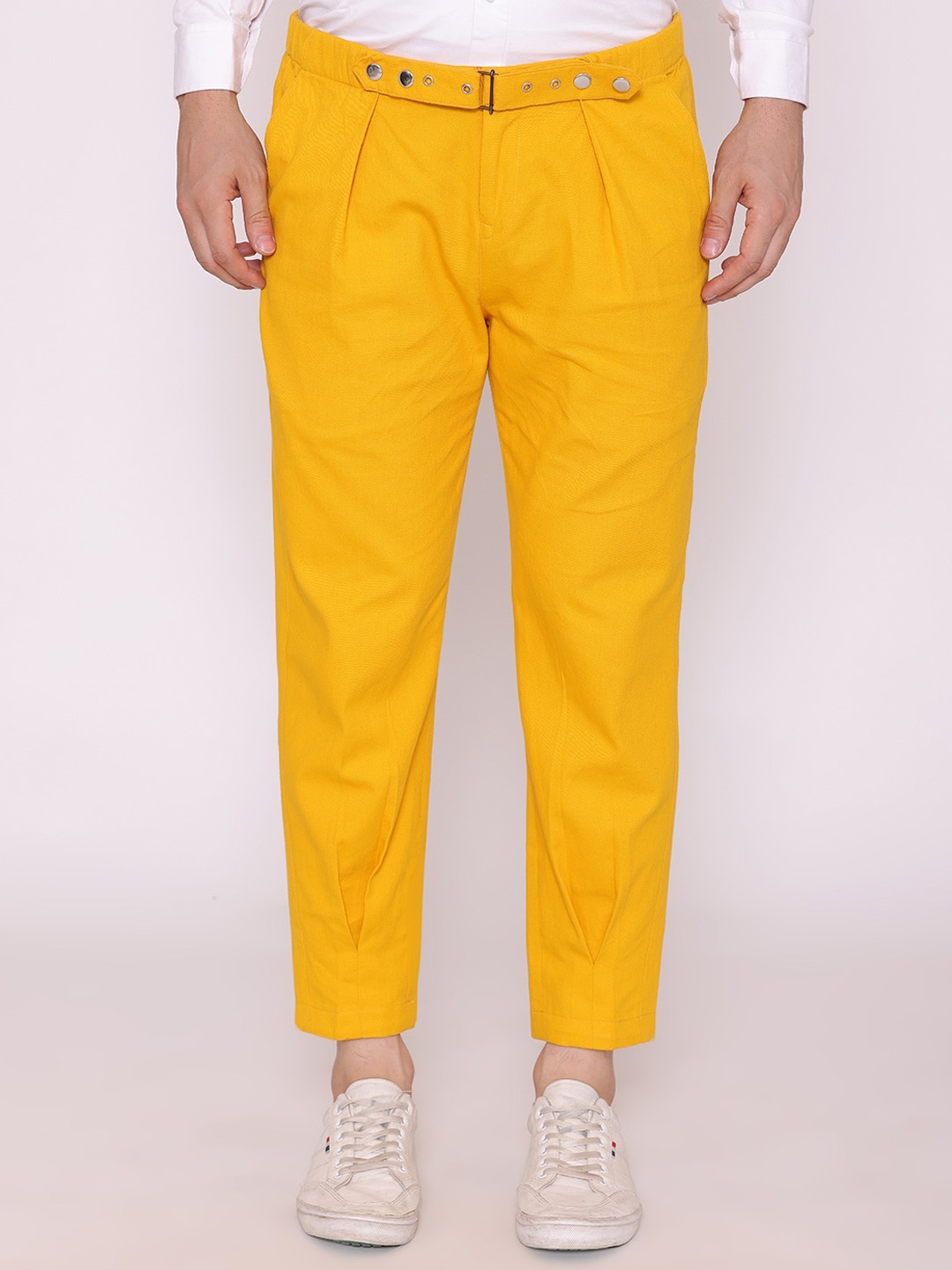 

CUFFS N LASHES Men Slim Fit Cotton Pleated Trousers, Mustard