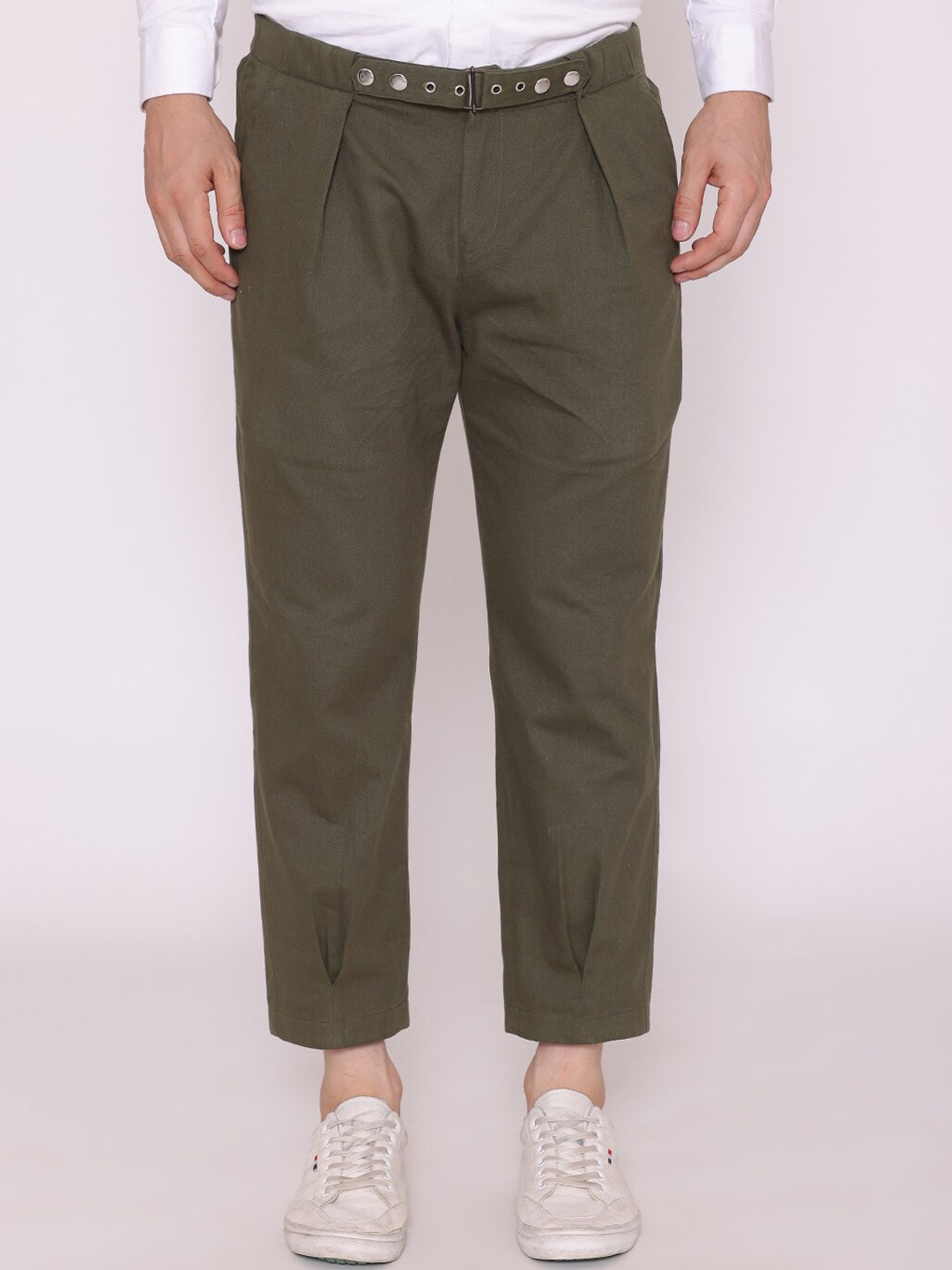 

CUFFS N LASHES Men Slim Fit Cotton Pleated Trousers, Olive