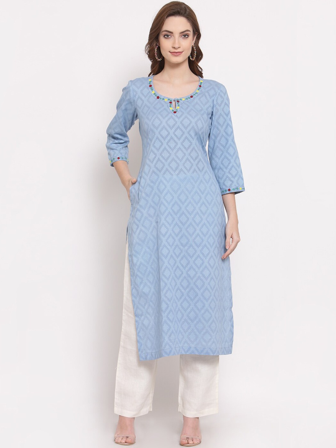 

DART STUDIO Geomteric Printed Thread Work Cotton Kurta, Blue