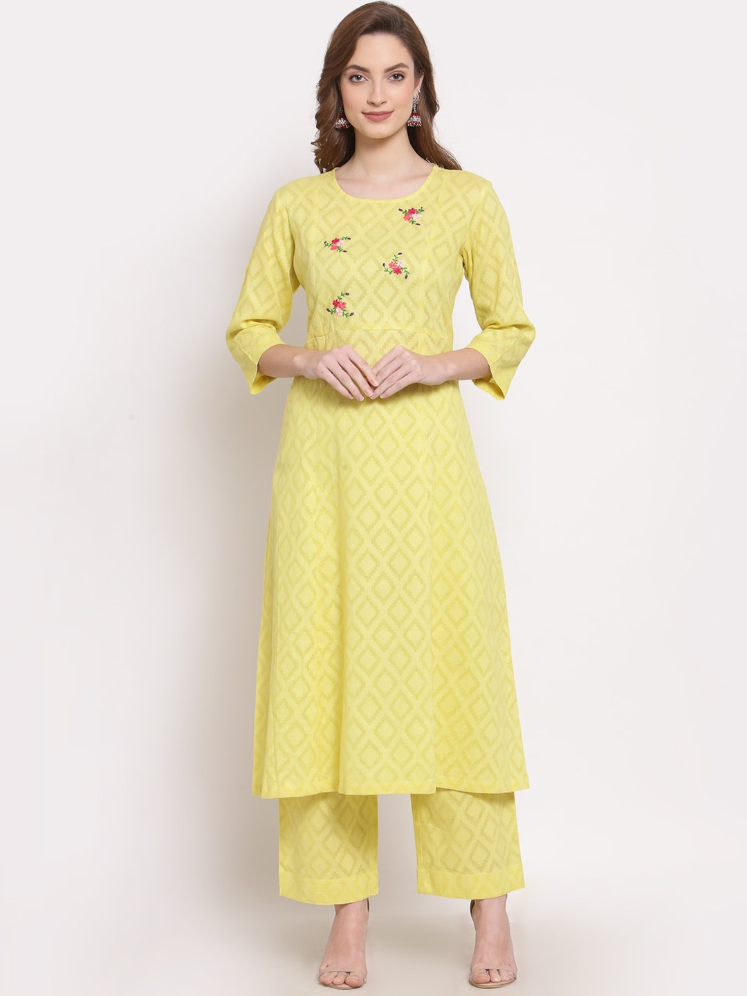 

DART STUDIO Printed Thread Work A-Line Cotton Kurta, Yellow