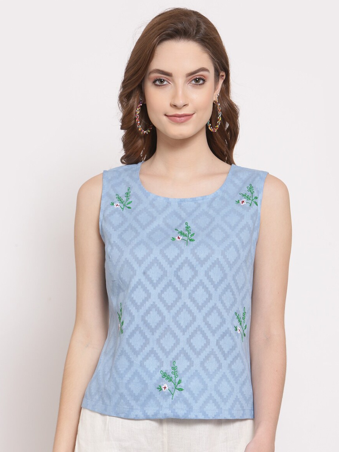

DART STUDIO Embroidered Pure Cotton Sleeveless Top, Turquoise blue