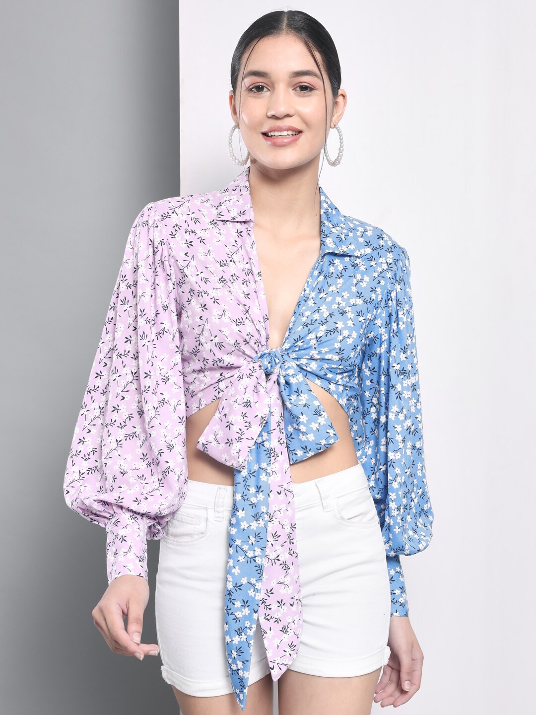 

Trend Arrest Floral Printed Cuffed Sleeve Cotton Shirt Style Crop Top, Lavender