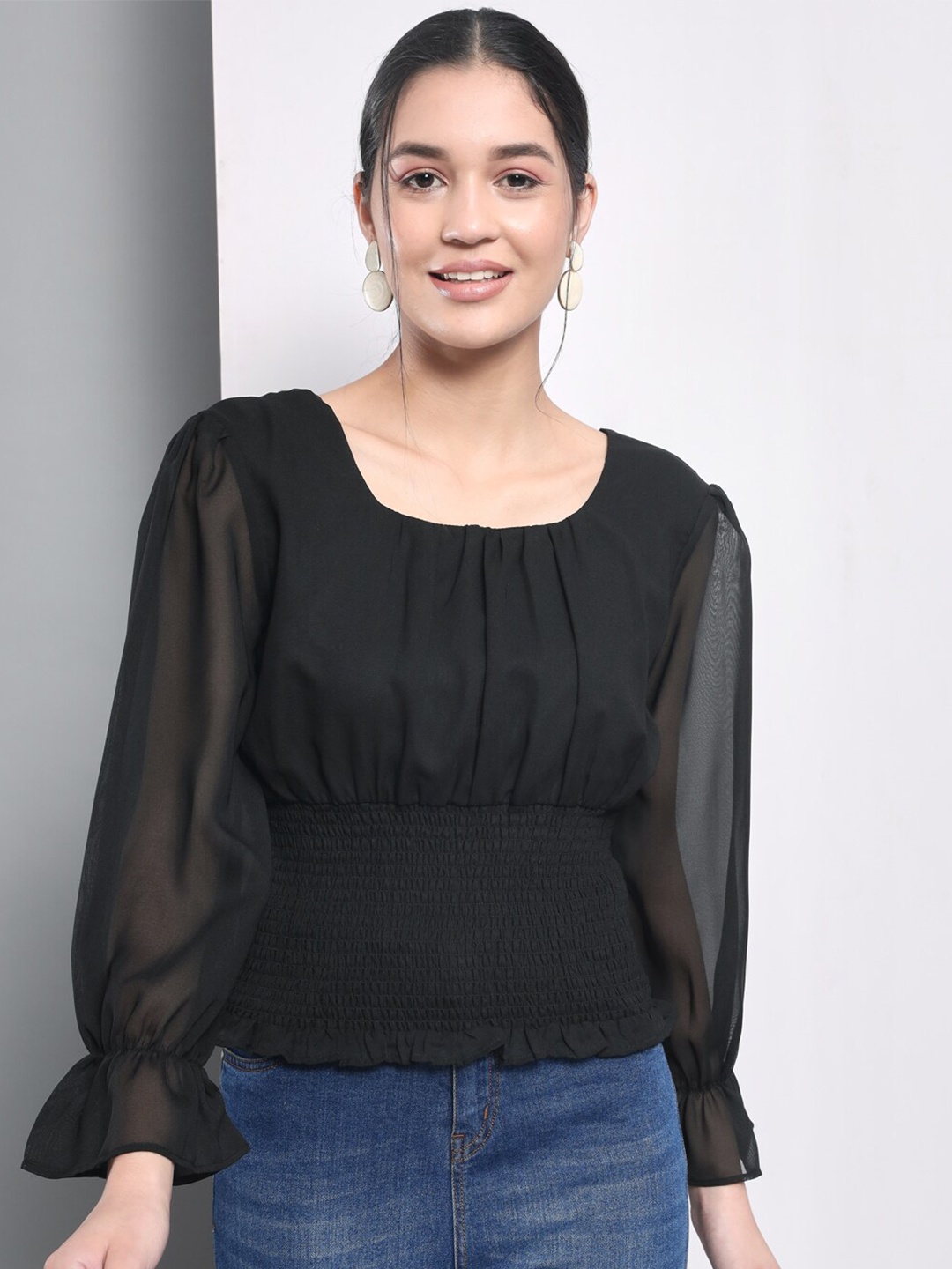 

Trend Arrest Scoop Neck Puffed Sleeves Smocking Top, Black
