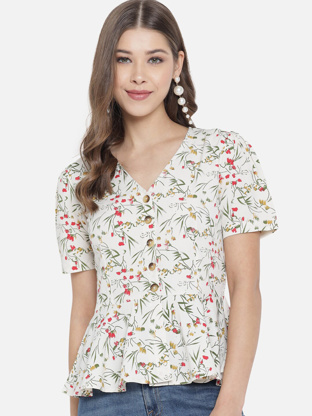

Trend Arrest Floral Printed Peplum Top, Cream