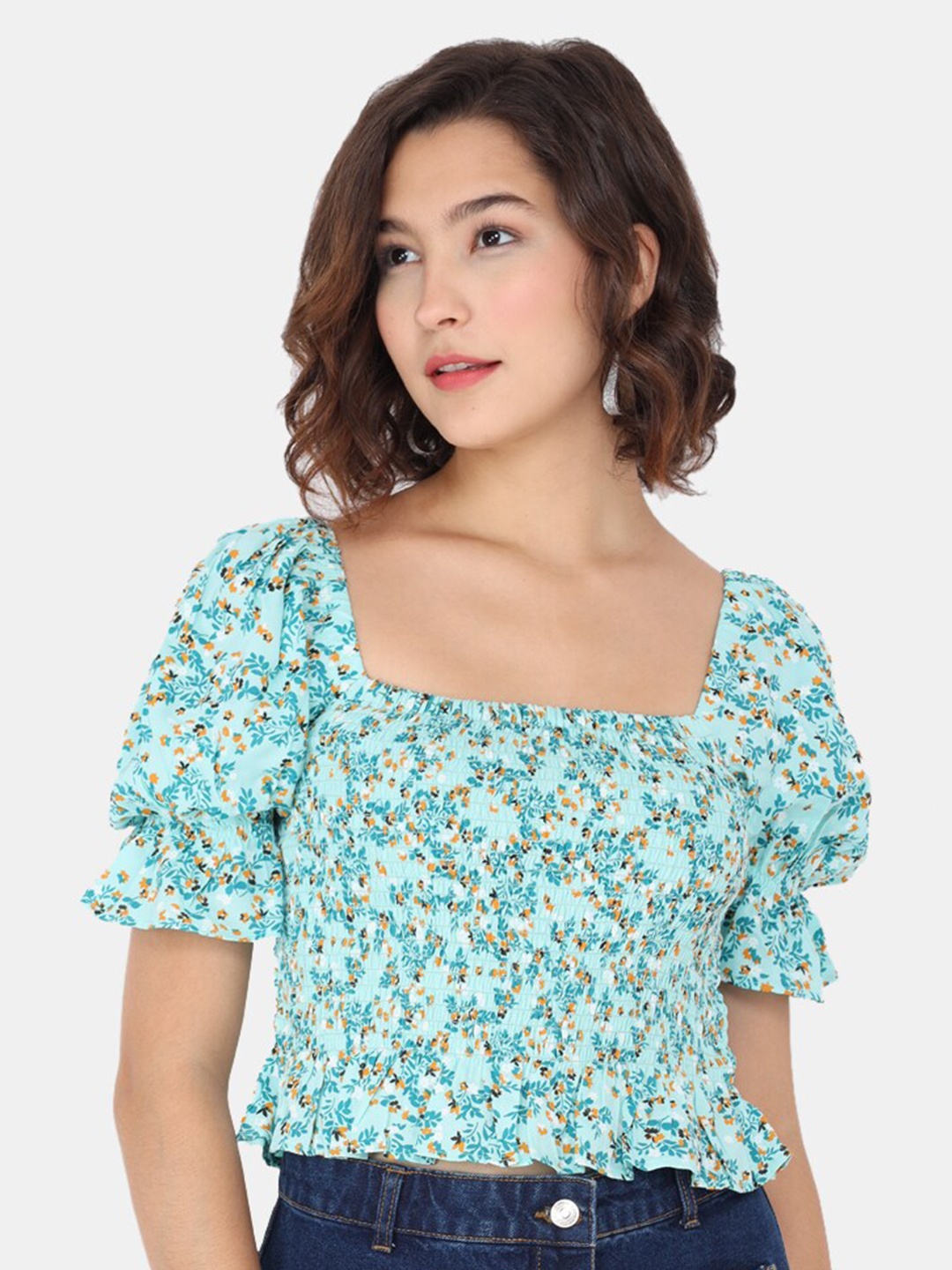 

Trend Arrest Floral Printed Square Neck Puffed Sleeves Blouson Crop Top, Green