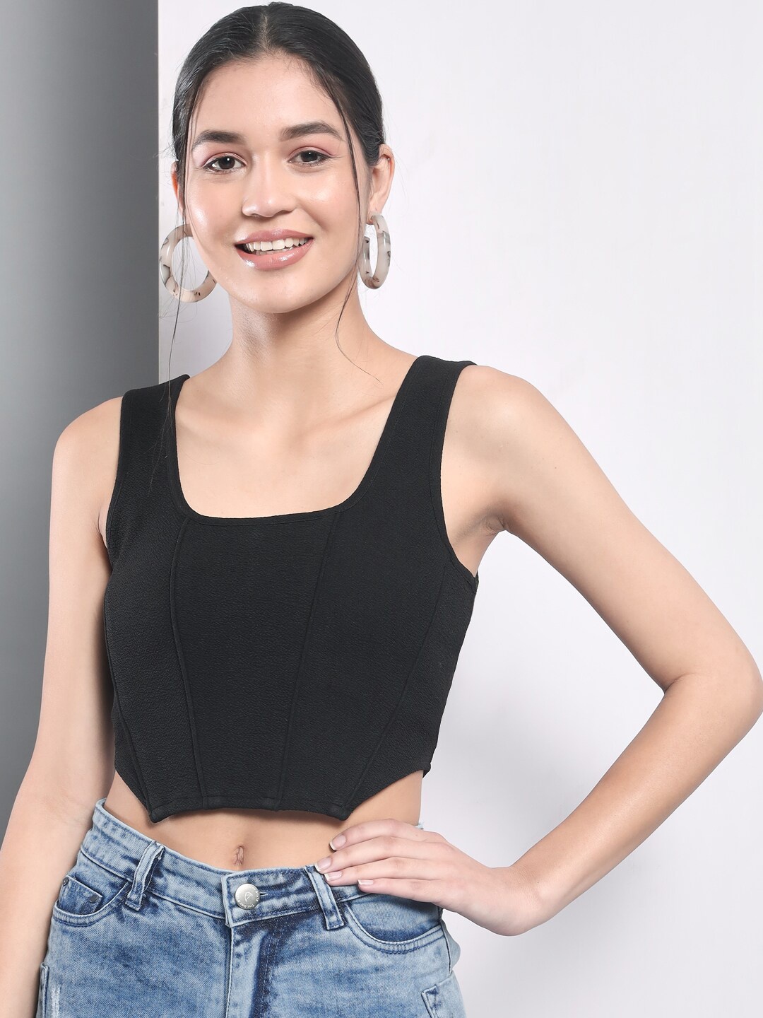 

Trend Arrest Scoop Neck Crop Corset Style Top, Black