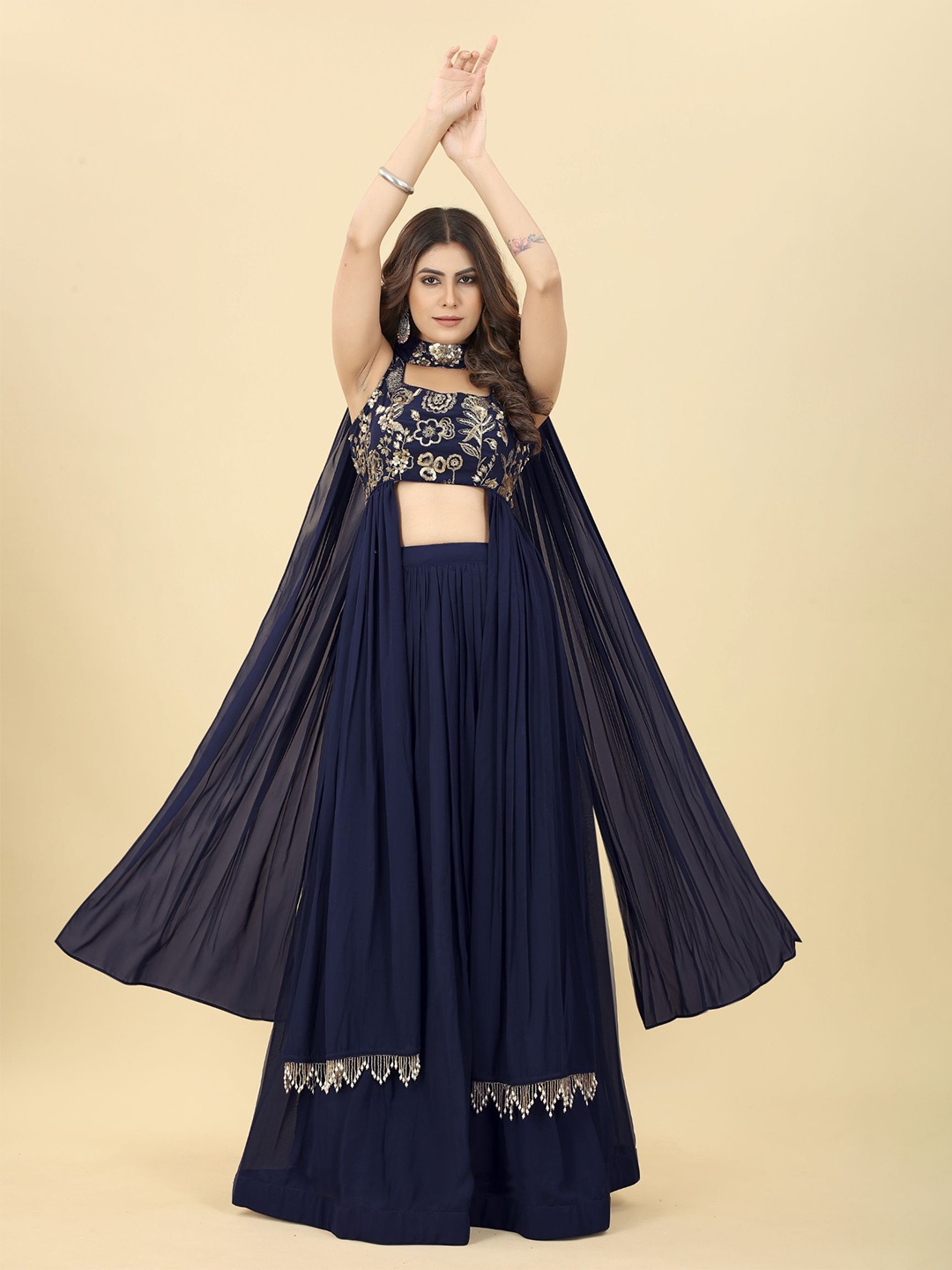 

KALINI Embroidered Sequinned Ready to Wear Lehenga & Blouse With Dupatta, Navy blue