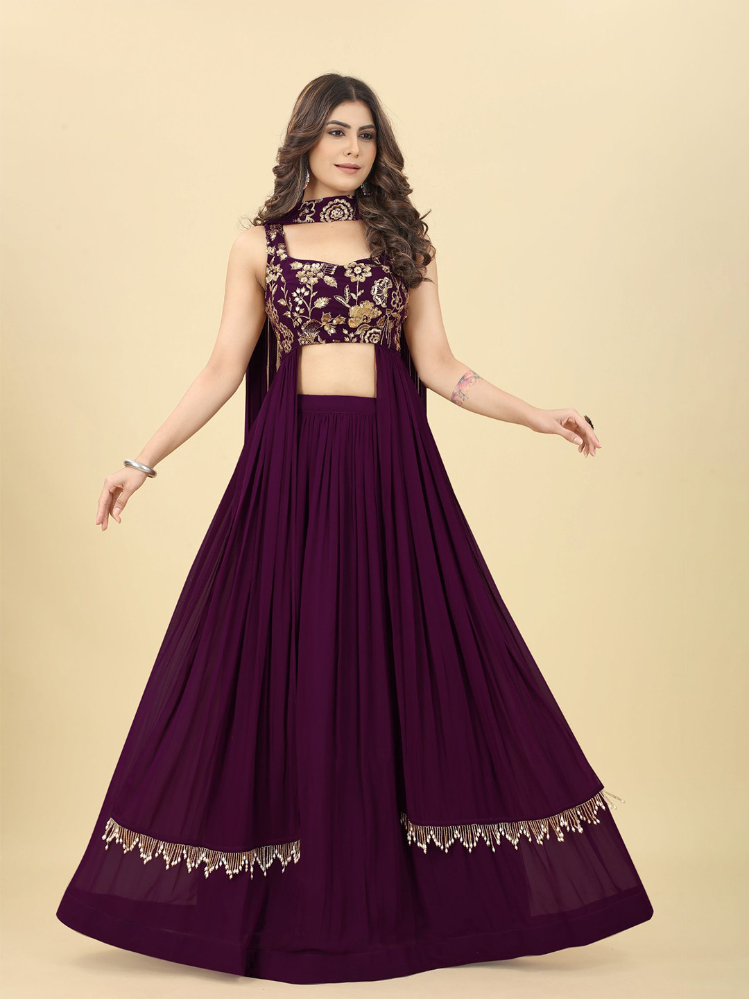 

KALINI Embroidered Sequinned Ready to Wear Lehenga Choli With Dupatta, Burgundy